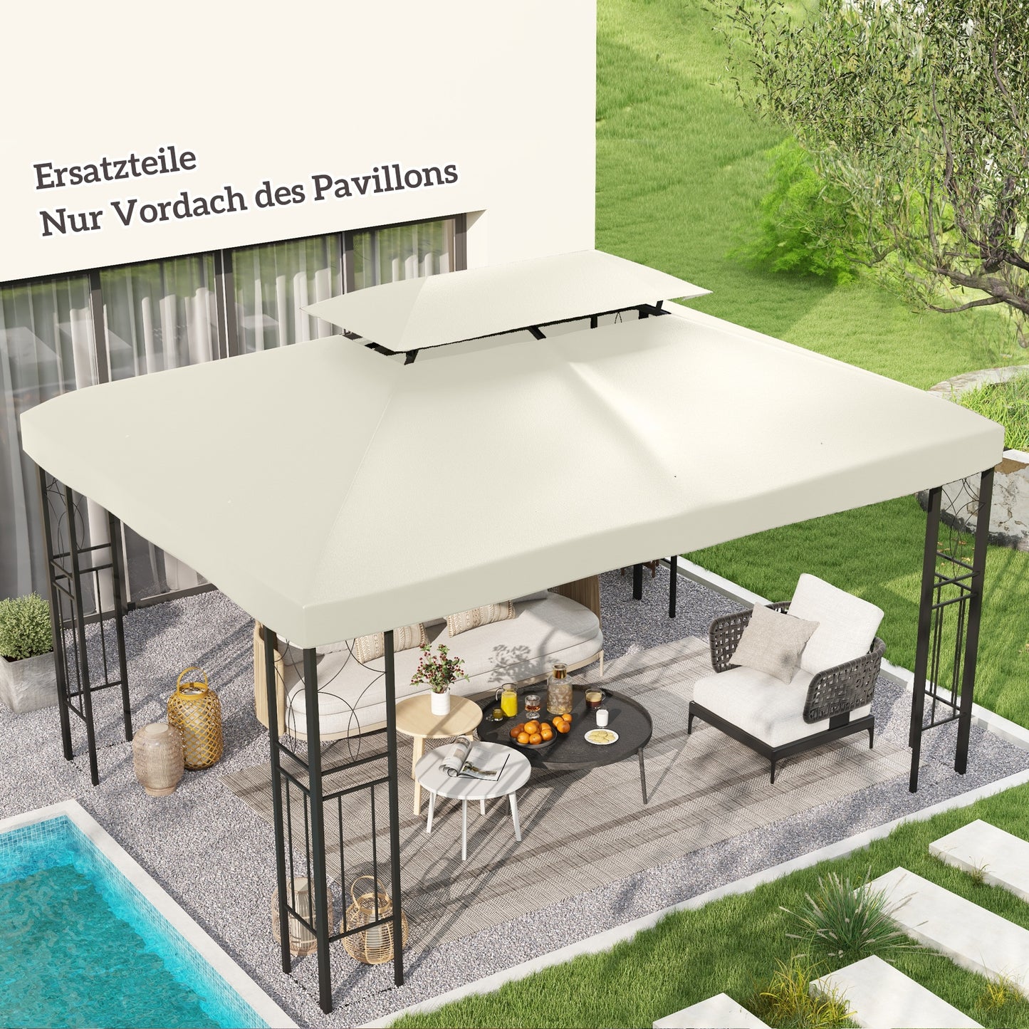 Vervangingshoes Tuinpaviljoen – Paviljoenhoes – Tuinluifel – Tentzeil – Overkappinghoes – Crèmekleurig – Waterbestendig Polyester – Dubbele Daklaag – Geschikt Voor 3x4m Metalen Paviljoen