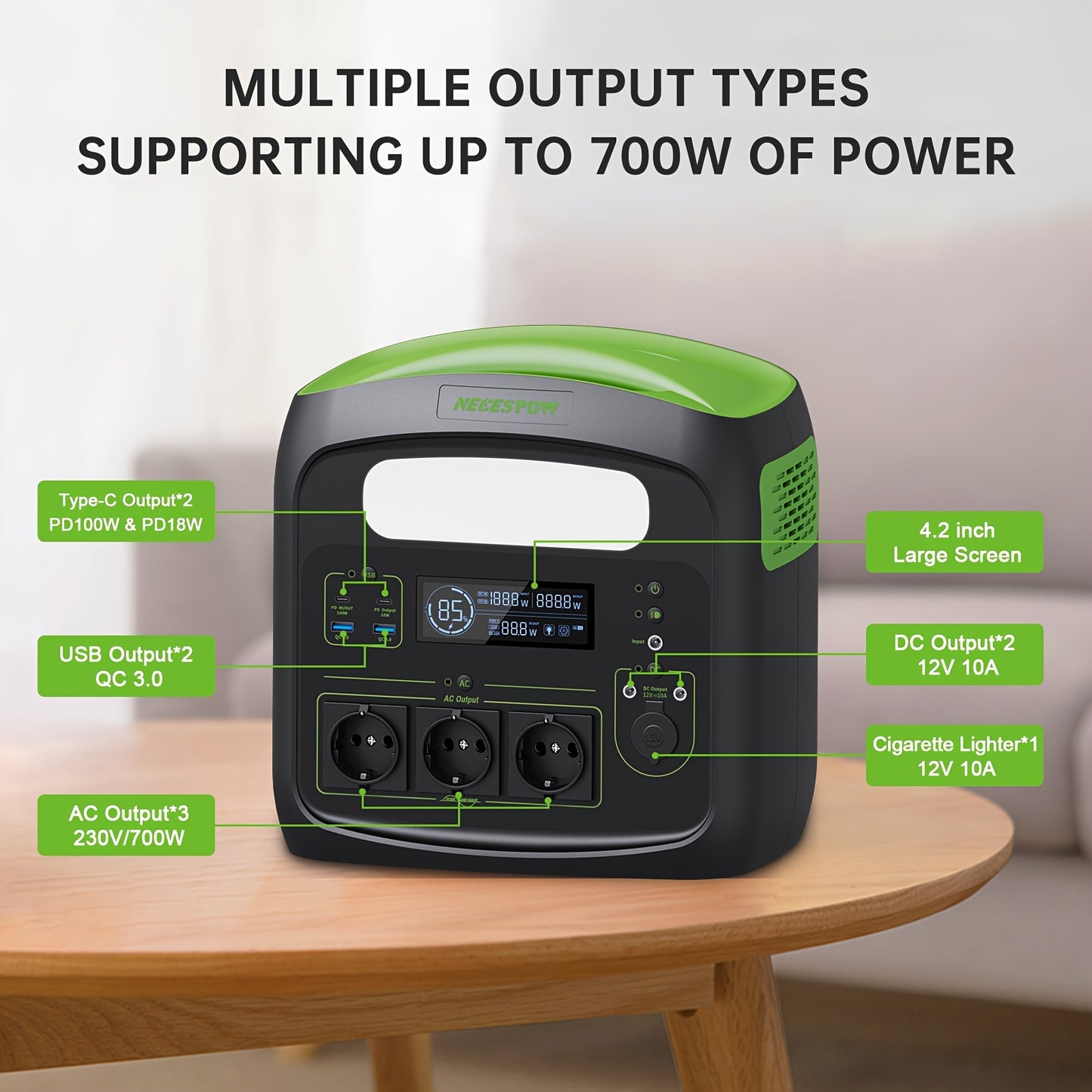 Powerbank – Draagbare Accu – Noodstroom – Mobiele Oplader – Zonne-energie Power Station – 700W Vermogen – 576 Wh LiFePO4 Batterij – USB-C PD 100W Output – Groen