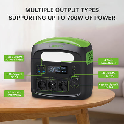 Powerbank – Draagbare Accu – Noodstroom – Mobiele Oplader – Zonne-energie Power Station – 700W Vermogen – 576 Wh LiFePO4 Batterij – USB-C PD 100W Output – Groen