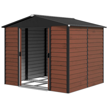 Metal Storage Shed, Weatherproof & Rust-Resistant, Lockable, 2.40 X 2.06 X 1.98 M, Teak, Temporary, Removable. Sturdy And Durable Outdoor Storage Space, Garden House, Tool Room, Yard Storage.