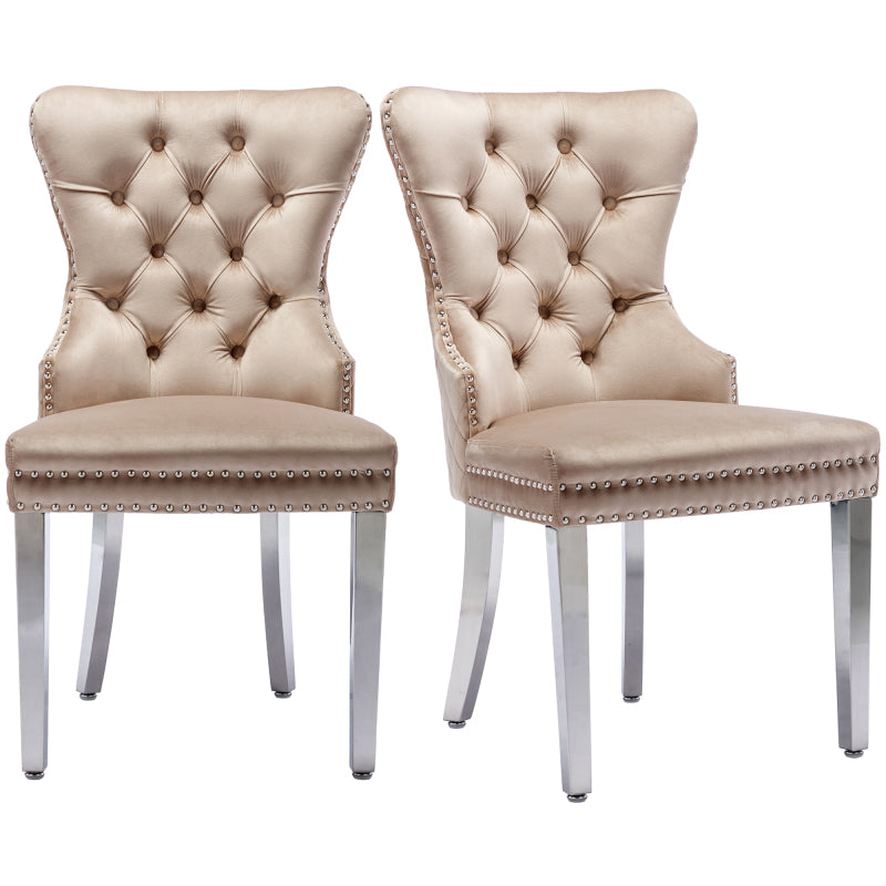 Dining room chair Kitchen chair Living room chair with unique door knocker on the back 2pcs Upholstered chair with nail head trim Support legs made of metal Cover made of beige velvet, Kitchen Seating, Vintage Style Chair, Cl