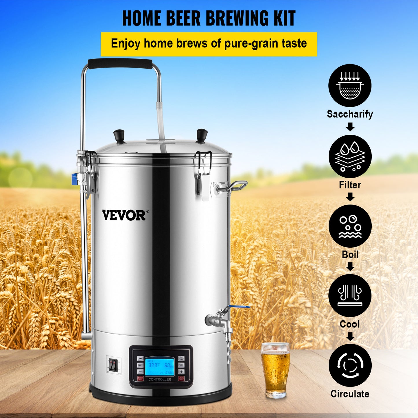 Bierbrouwset – Thuisbrouwketel – Elektrisch Brouwketel Systeem – Ambachtelijk Bierbrouwen – All-in-One Brouwsysteem – 30 Liter RVS – Automatisch Temperatuurregeling 25-100°C