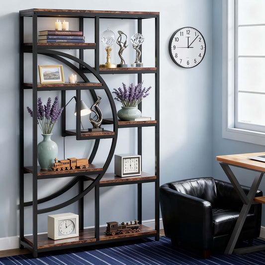 Tall 5-Tier Industrial Bookcase with 9-Shelf Open Storage - Rustic Modern Freestanding Shelving Unit Suitable for Living Room, Bedroom, Christmas Decor - Wood & Metal Frame, Assembly, Space-Saving Vertical Organizer
