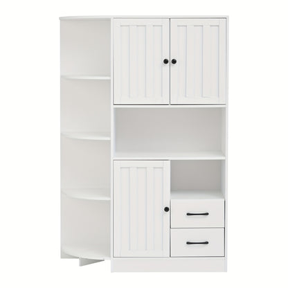 Modern White Corner Wardrobe & Display Cabinet with 14 Storage Areas - 3 Cabinets & 2 Drawers, Space-Saving High Cabinet with Bookshelf & Door Storage, Metal Construction, Easy Assembly for Living Room, Hallway, Small Spaces