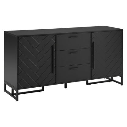 Modern Black Sideboard Cabinet with Herringbone Pattern - Heavy-Duty Metal Construction, 2 Doors & 3 Drawers, Freestanding Storage Organizer for Living Room, Kitchen, Dining Room - Contemporary Home Decor Furniture, Kitchen S