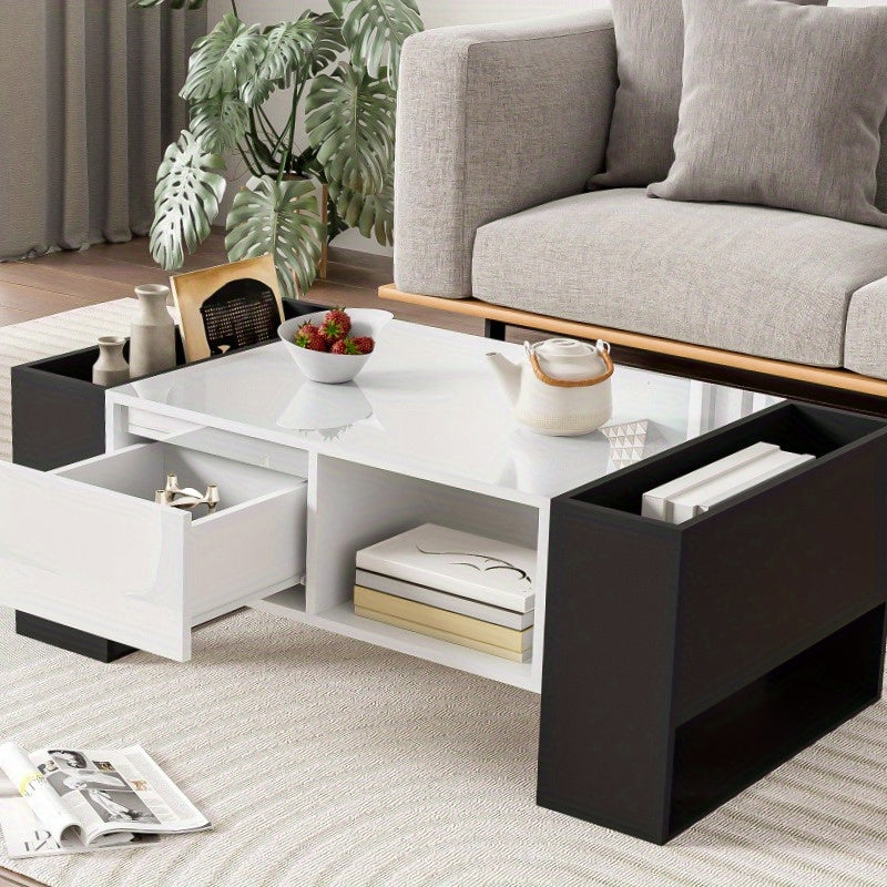 Salontafel – Koffietafel – Woonkamertafel – Tafeltje – Bijzettafel – Modern Design – Hoogglans Zwart – Metaal – Opberglade – 105x60x40,5 cm