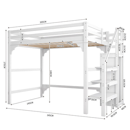 Hoogslaper – Stapelbed – Halfhoogslaper – Stapelbed Met Kast – Jungensbed – Wit – 140x200 cm – Opbergruimte Met Trap