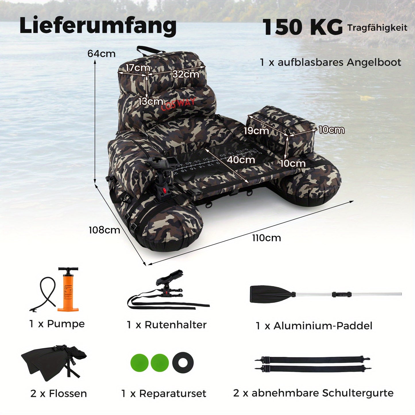 Opblaasbare Vissersboot – Visserskajak – Opblaasbare Boot – Inflatable Visboot – Solo Visboot – Motor Trolling Systeem – 150 KG Capaciteit – Camouflage Design