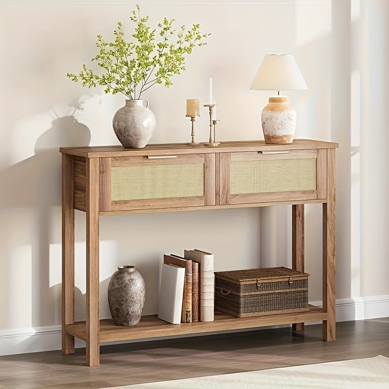 Haltafel – Sidetable – Console Tafel – Sofa Tafel – Rattan Bijzettafel – Boho Design – 2 Laden – Caramel Eikenhout
