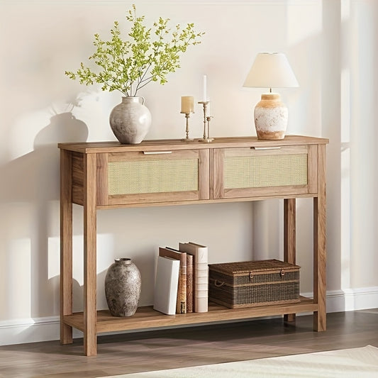 Haltafel – Sidetable – Console Tafel – Sofa Tafel – Rattan Bijzettafel – Boho Design – 2 Laden – Caramel Eikenhout