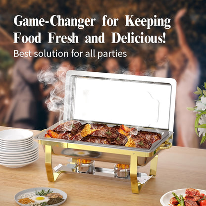 Chafing Dish Set – Warmhoudpan – Buffetpan – Serveerschotel – Au Bain-Marie – 4-Delige Set Goud – RVS 201 Roestvrij Staal – 9 Liter Inhoud – Geen Stroom Nodig – Elegant Stackbaar Design