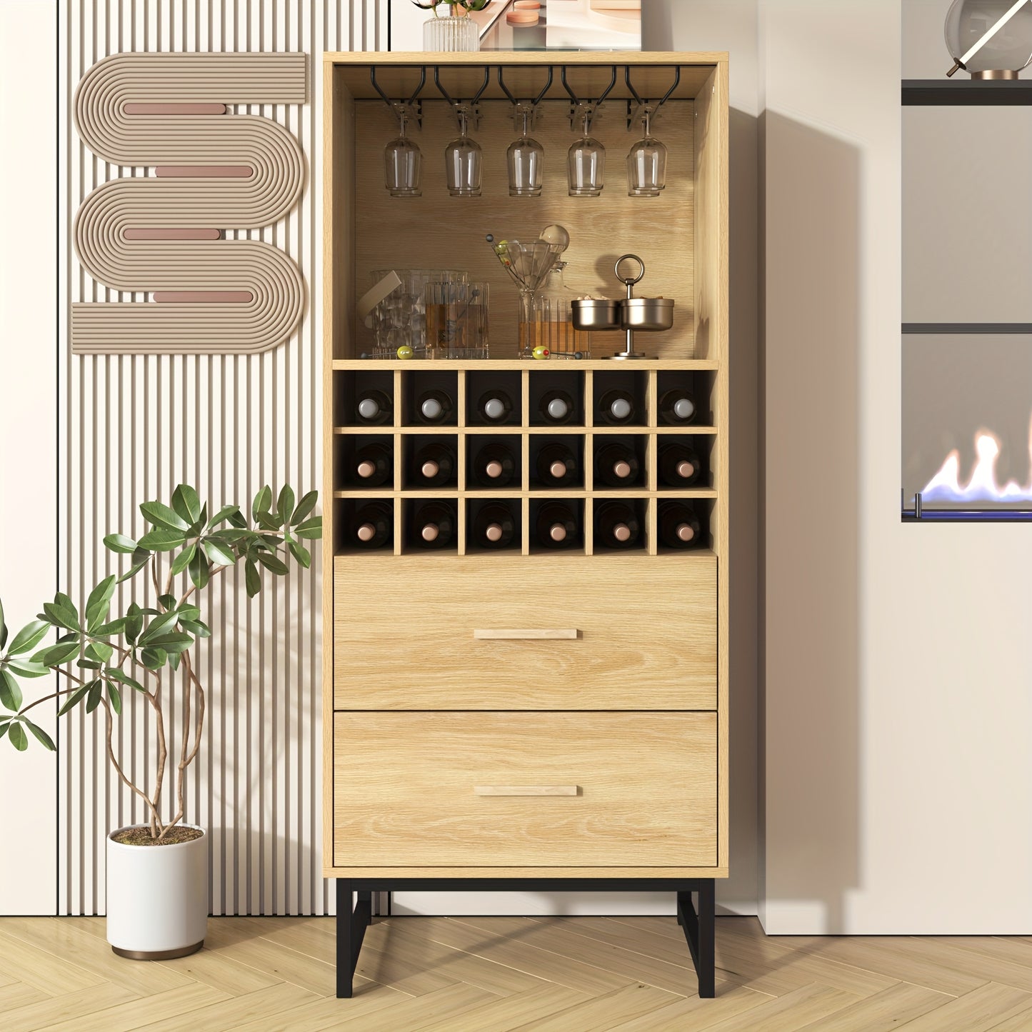 Wijnrek – Wijnkast – Flessenrek – Wijnopslag – Wijnfleshouder – Beige Houten Design – 18 Vakken Met 2 Lades – Matte Zwarte Metalen Pootjes