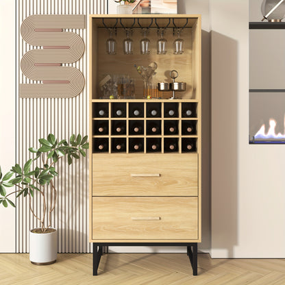 Wijnrek – Wijnkast – Flessenrek – Wijnopslag – Wijnfleshouder – Beige Houten Design – 18 Vakken Met 2 Lades – Matte Zwarte Metalen Pootjes
