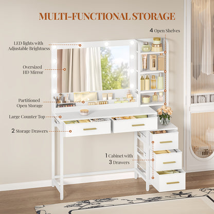 Kaptafel – Make-up Tafel – Dressing Table – Vanity Table – Toilet Tafel – Wit – Grote Spiegel – 5 Lades & 5 Open Vakken – Compact & Functioneel – 40x110x141 cm