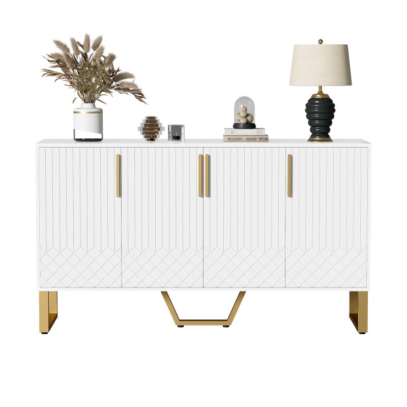 Dressoir – Opbergkast – Ladekast – TV-Kast – Buffetkast – Hoogglans Wit – Metalen Handgrepen & Poten – 140x40x80 cm – Geometrisch Design