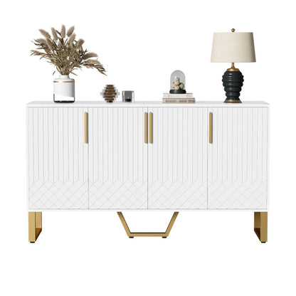 Dressoir – Opbergkast – Ladekast – TV-Kast – Buffetkast – Hoogglans Wit – Metalen Handgrepen & Poten – 140x40x80 cm – Geometrisch Design