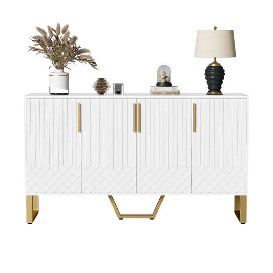 Dressoir – Opbergkast – Ladekast – TV-Kast – Buffetkast – Hoogglans Wit – Metalen Handgrepen & Poten – 140x40x80 cm – Geometrisch Design