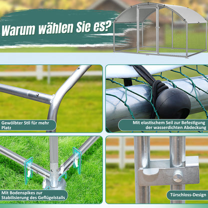 Chicken Coop Free-Range Enclosure, 3X2X2M/3X4X2M/3X6X2M/3X8X2M Galvanized Steel, Chicken House Dome Roof with Lock And Pe-Colored Tarpaulin, Easy to Clean, for Chicken Cage Bird Cage.