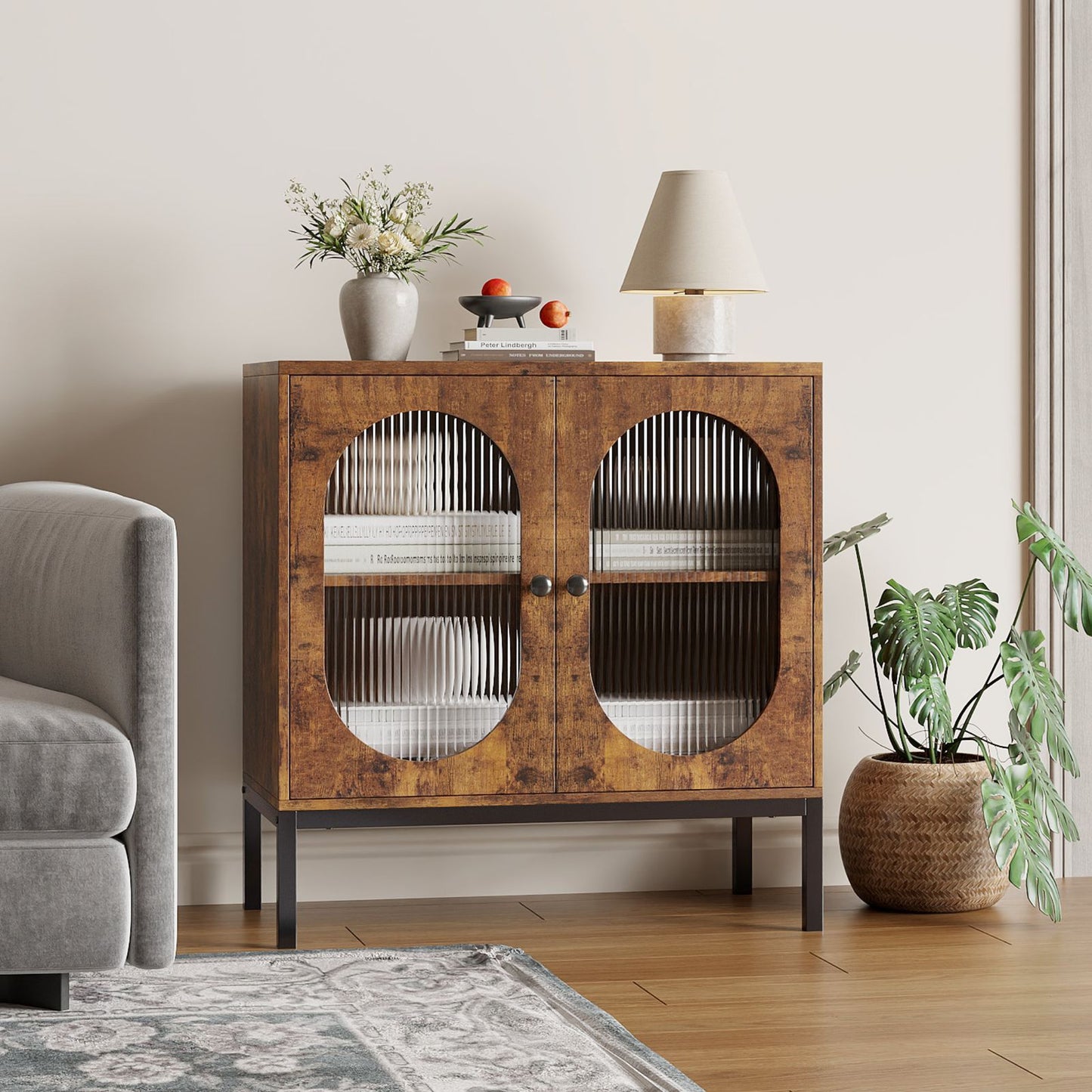 Buffetkast – Dressoir – Opbergkast – Kast – Sideboard – Retro Kleur – Verstelbare Planken – Hout en Rattan – 80x40x82 cm