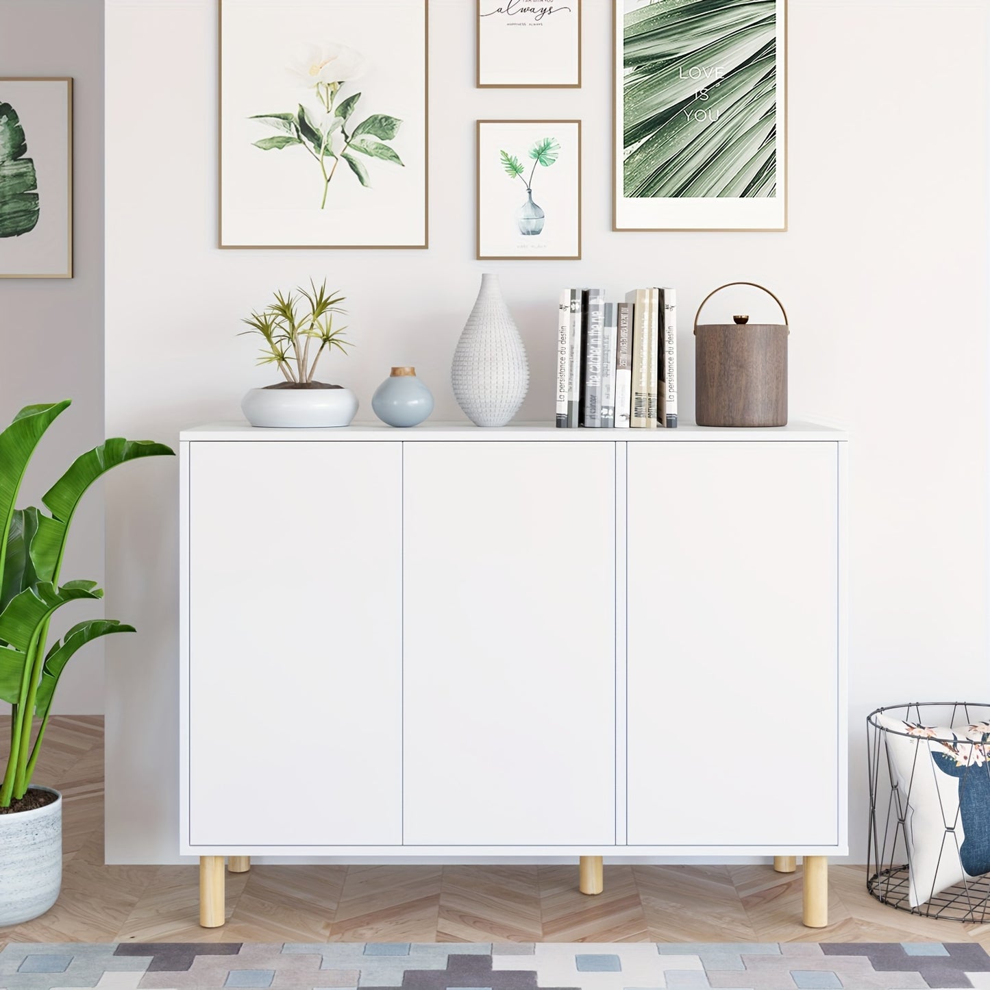 Opbergkast – Kast – Dressoir – Buffetkast – Vitrinekast – Wit met Houten Poten – Vrijstaand – Verstelbare Planken