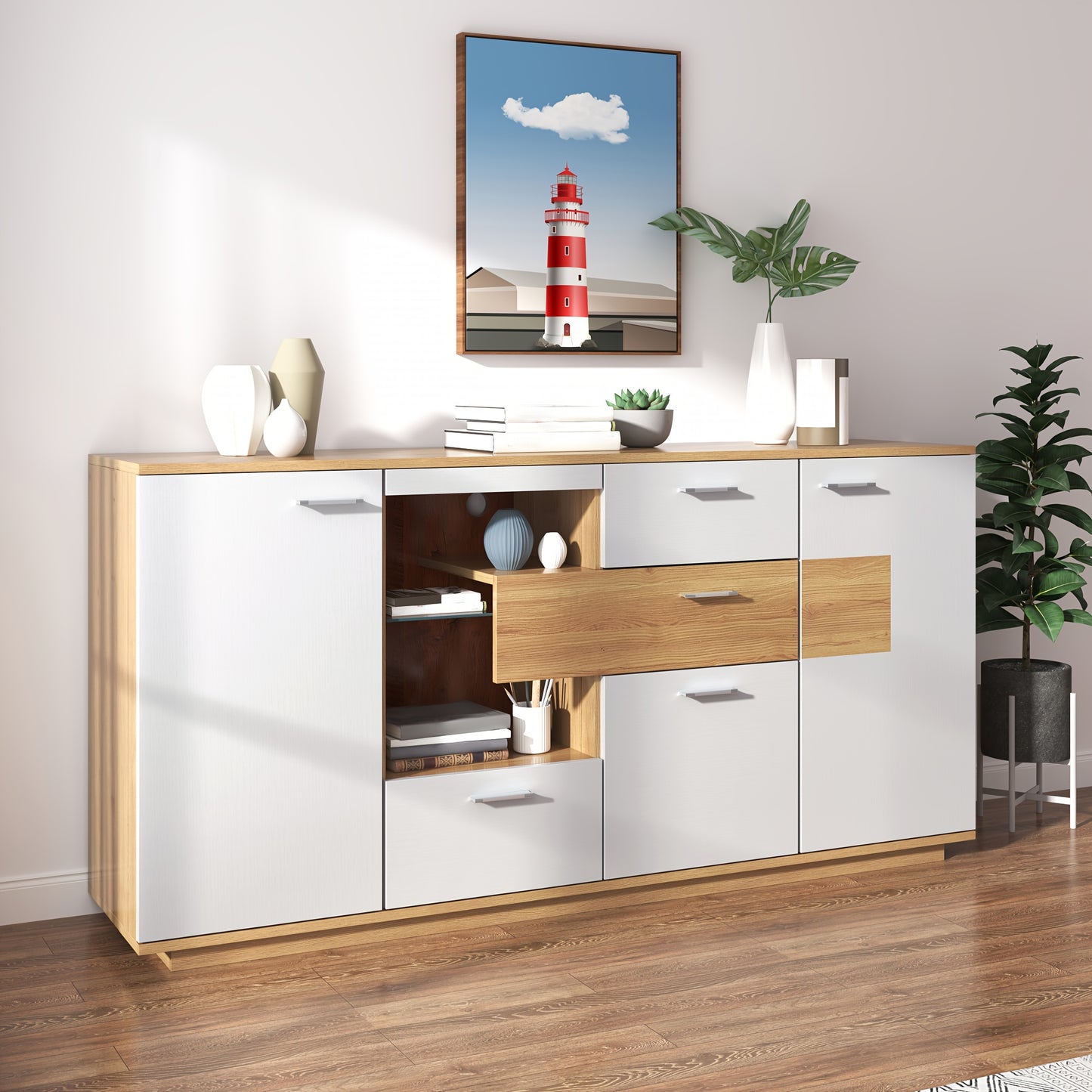 Staande Kast – Opbergkast – Dressoir – Vitrinekast – Meubel – Art Deco Design – Hoogwaardig Rotan – Vrijstaand Zonder Elektriciteit