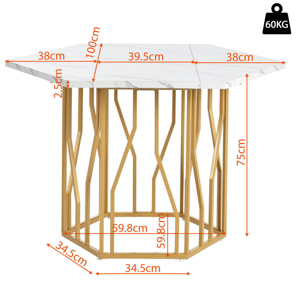 Eettafelset – Dinerset – Tafel En Stoelen – Keukentafelset – Eettafel Met Stoelen – Wit Marmeren Blad – Gouden Stalen Poten – 4 Groene Velvet Stoelen – Compact Hexagonaal Design – Duurzame MDF En Houtframe