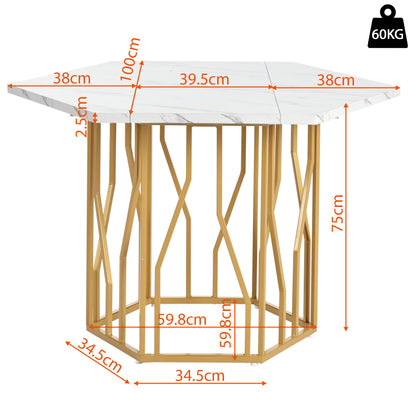 Eettafelset – Dinerset – Tafel En Stoelen – Keukentafelset – Eettafel Met Stoelen – Wit Marmeren Blad – Gouden Stalen Poten – 4 Groene Velvet Stoelen – Compact Hexagonaal Design – Duurzame MDF En Houtframe