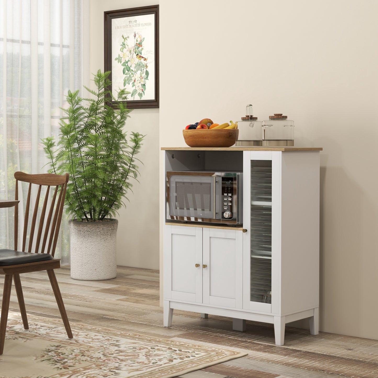 Keukenkast – Magnetronkast – Buffetkast – Opbergkast – Ovenkast – 80x35x97 cm – MDF Wit Met Houtlook – Kabeldoorvoer & Verstelbare Planken