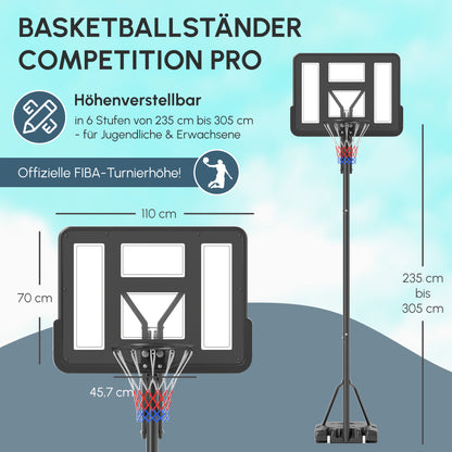 Basketbalstandaard – Basketbalring – Basketbaldoel – Basketbalpaal – Basketbalnet – Verstelbare Hoogte 235-305 CM – Vulbare Voet Met Wielen Zwart