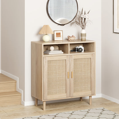 91.44cm Modern Boho Rattan Sideboard Cabinet - Wood & Wicker -Standing Buffet with 2-Door Storage, TV Stand & Coffee Bar, Shelf Suitable for Dining Room, Kitchen & Entryway - Assembly Required