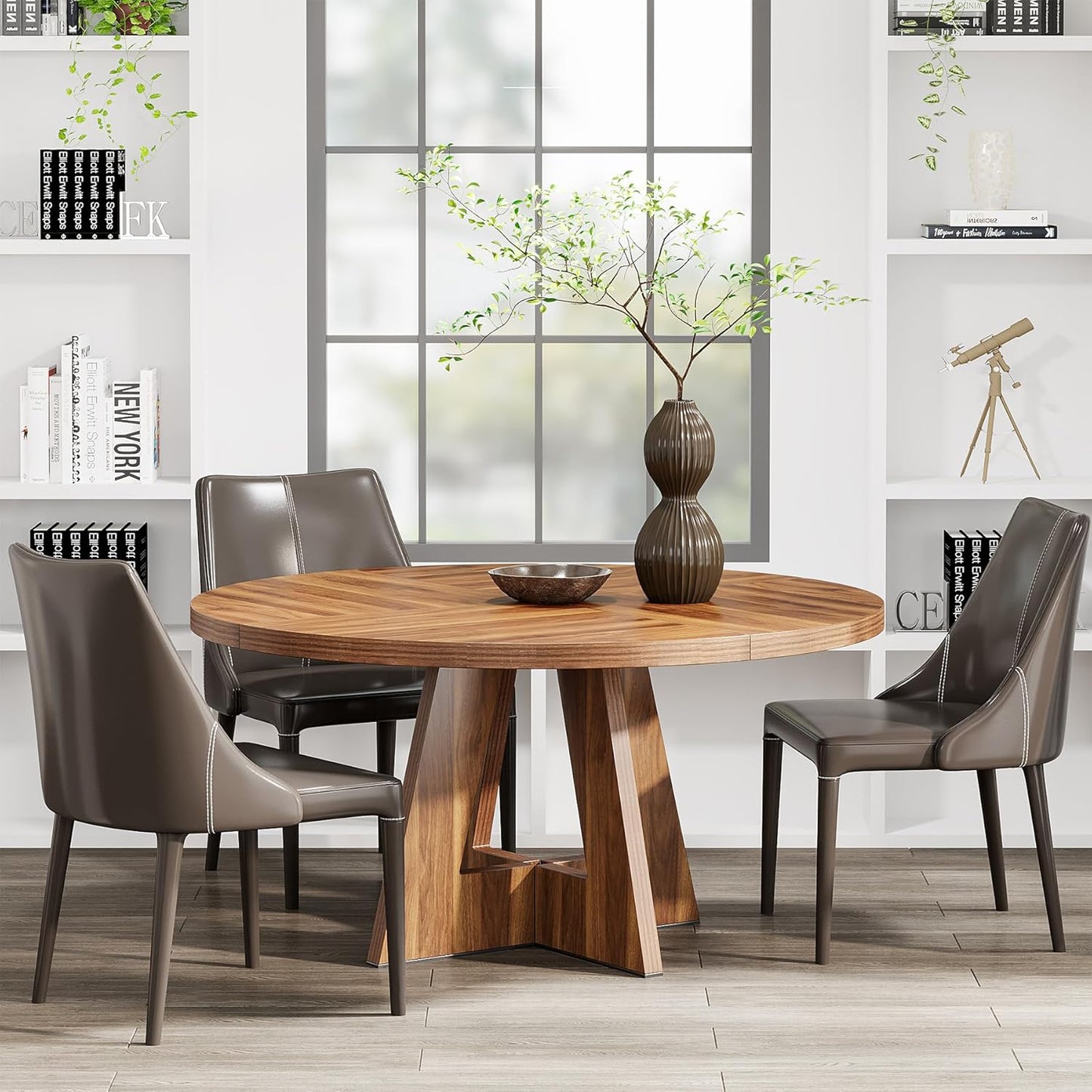 Ronde Eettafel – Keukentafel – Tafel – Eetkamertafel – Ronde Tafel – 120 cm Diameter – Stevig MDF Met Zwart Metalen X-Poot – Landelijke Bruine Afwerking