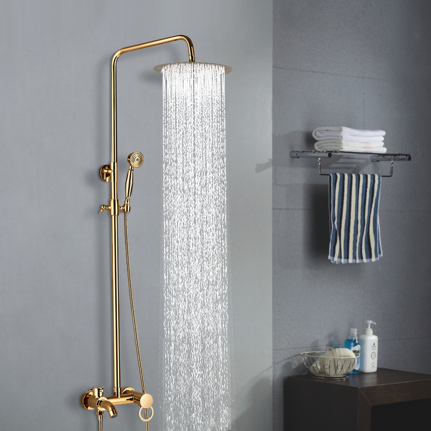 Doucheset – Douchegarnituur – Regendouche – Handdouche – Douchekolom – Goudkleurig – Verstelbare hoogte 80-117 cm – Koper en RVS materiaal