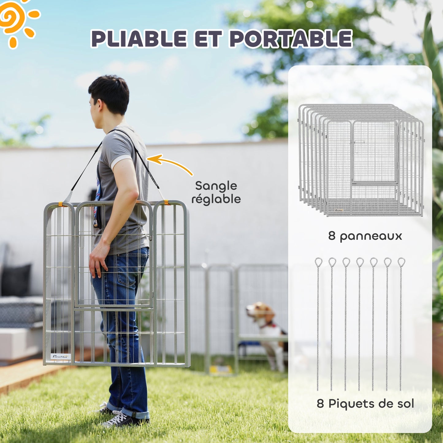 Hondenren – Puppyren – Hondenkennel – Hondenbench – Dierenren – 8 Panelen – Opvouwbaar Staal – Inclusief Deur & Draagriem