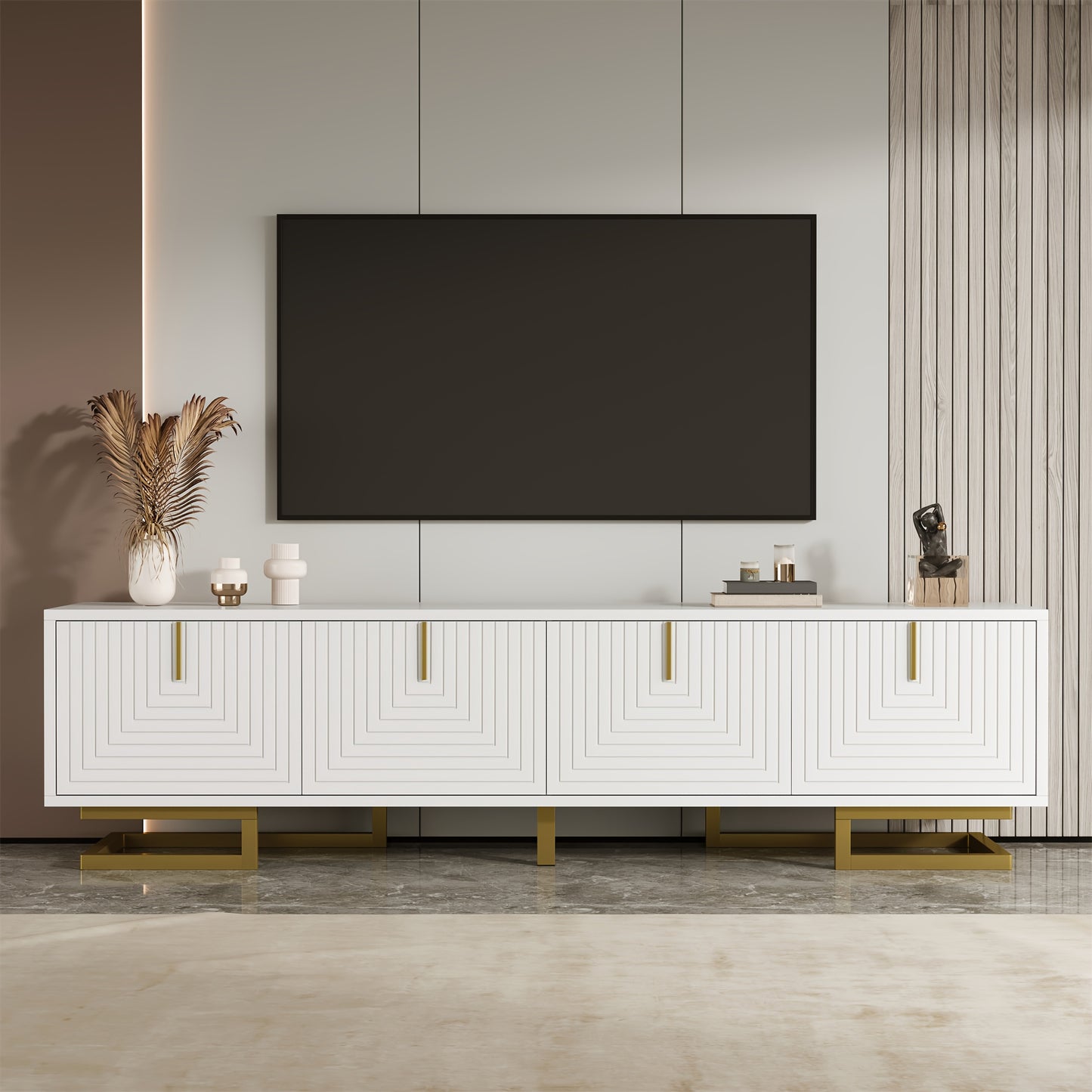 Modern Low-Profile TV Cabinet with Textured Doors & Golden Handles/Legs - -Standing Media Console, Ample Storage Space Suitable for, (No Wood)
