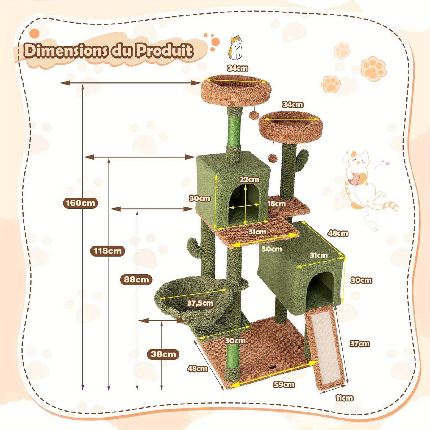Krabpaal – Kattenboom – Krabmeubel – Kattentoren – Kattenhuis – Cactusvorm – 152 cm Hoog – Met Hangmat en Sisal Krabpalen
