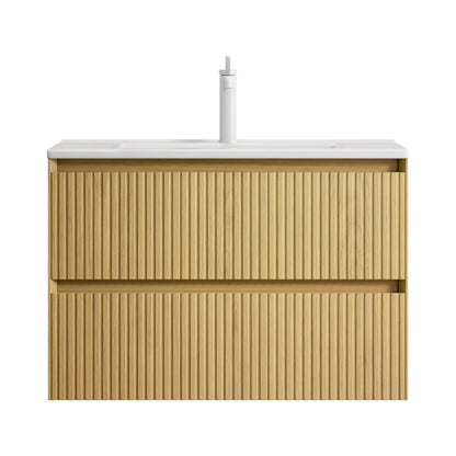 Badkamermeubel – Wastafelmeubel – Badkamerkast – Wastafel – Keramische Wastafel – 75 cm – Hangend Design – Soft-Close Lades – Eikenhout – Compact & Ruimtelijk
