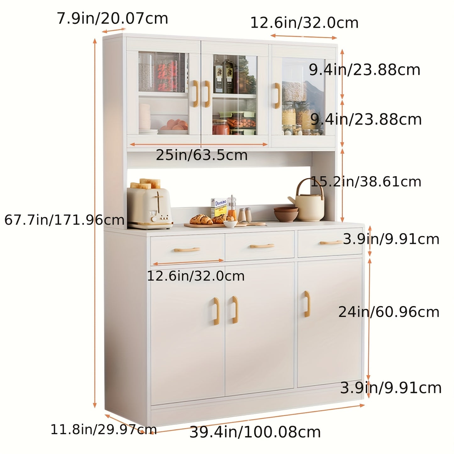 Keukenkast – Keukenbuffet – Opbergkast – Buffetkast – Kast – 6 Deuren – Verstelbare Planken – Wit MDF Met Gouden Handgrepen – Vrijstaand Met Werkblad