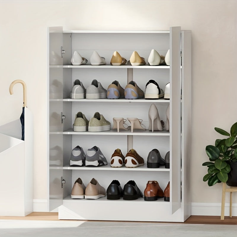 5-Tier Shoe Rack Cabinet with Shoe Bench - Narrow Entryway Shoe Organizer, Space-Saving Shoe Storage Cabinet, Sturdy Hardwood Construction
