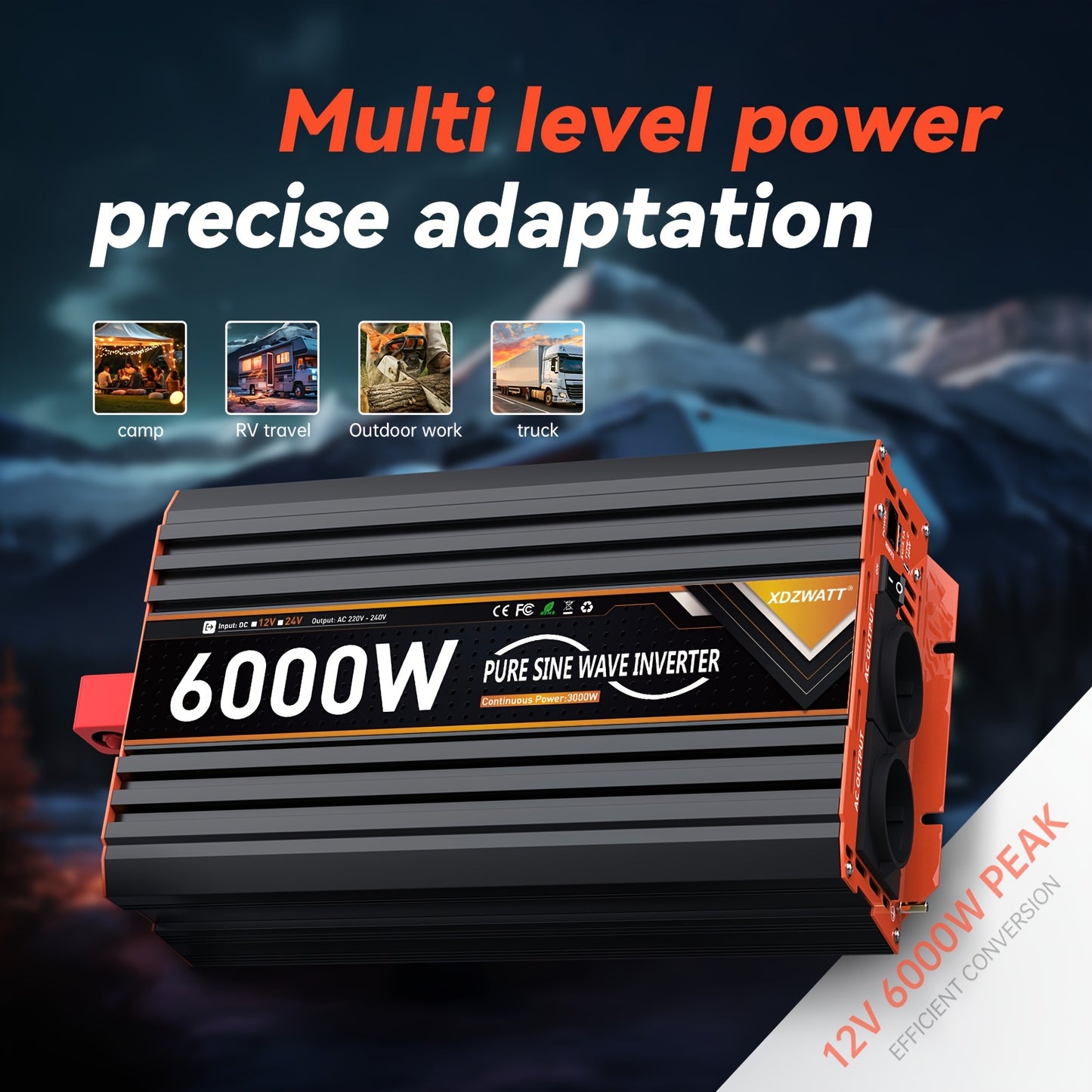 Omvormer – Spanningsomvormer – Stroomomzetter – Stroominverter – 24V 6000W EU – Pure Sinusgolf – 2 Stopcontacten met USB Type-C & LCD display