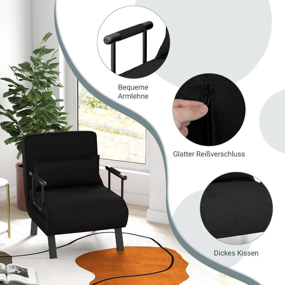 4-in-1 recliner chair, sofa bed with bed function, folding chair with 6-position adjustable backrest, removable cushion, and armrests, weight capacity up to 150kg, guest bed for living room (,  Spacesaving Furniture, Contempo