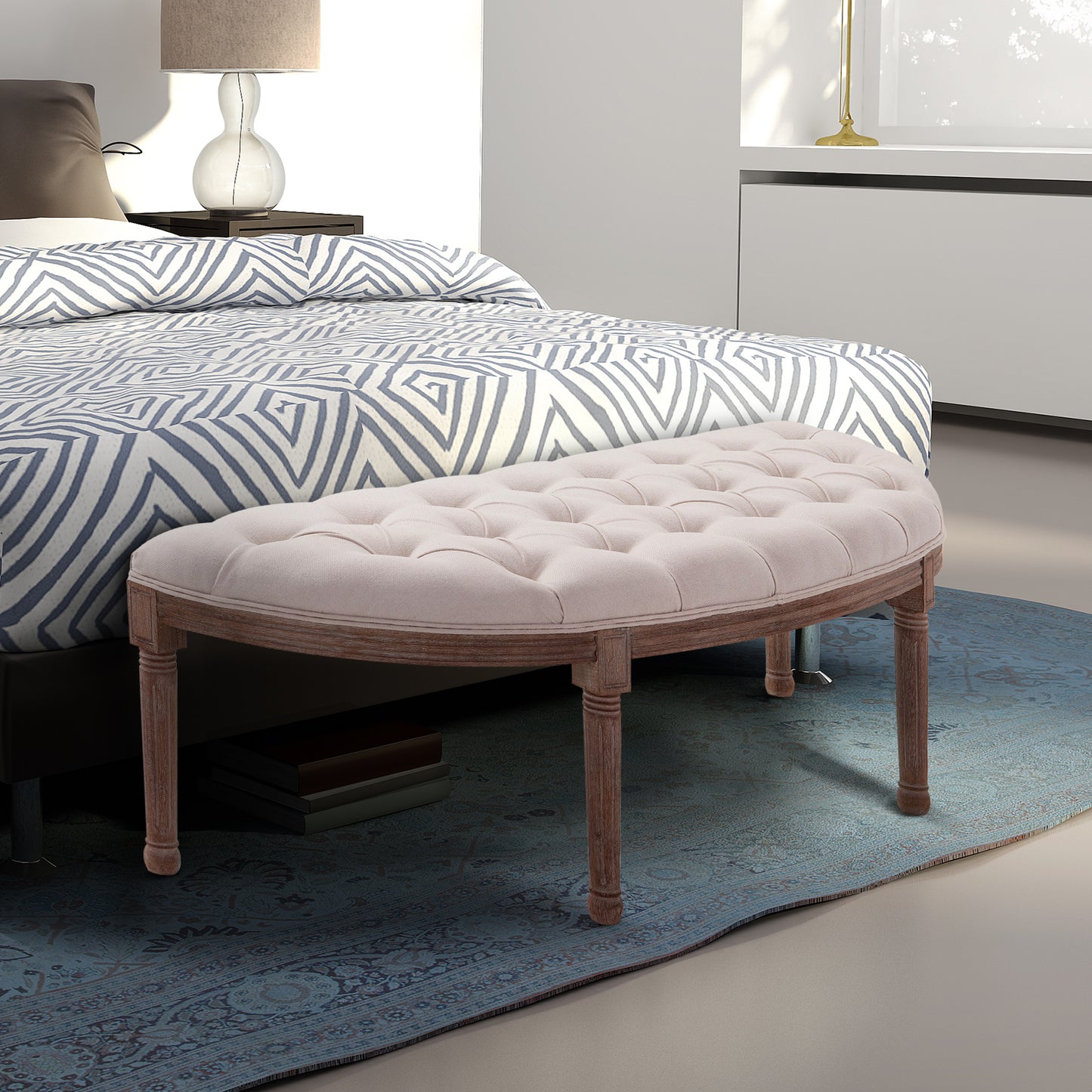 Bankje – Zitbank – Poef – Halbank – Loungekruk – Gevuld Kussen – Linnen Bekleding – Stabiele Houten Poten – 140,5 x 51 x 48 cm – Beige