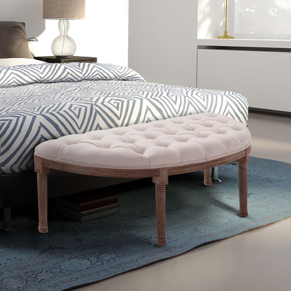 Bankje – Zitbank – Poef – Halbank – Loungekruk – Gevuld Kussen – Linnen Bekleding – Stabiele Houten Poten – 140,5 x 51 x 48 cm – Beige