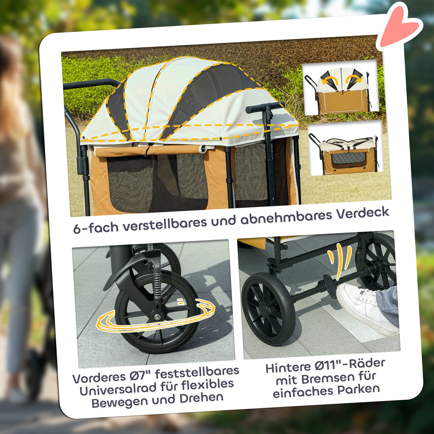 Opvouwbare Hondenwagen – Hondenbuggy – Huisdierenwagen – Wandelwagen – Dierenbuggy – Bruin – Geschikt Voor Huisdieren Tot 30 Kg – Ruim En Comfortabel Interieur 110x65x102 cm