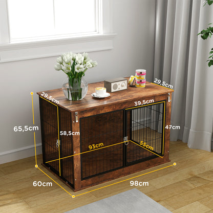 Hondenbench – Hondenkooi – Hondenhok – Hondenmand – Dierenbench – Rustiek Bruin – 2 Slotbare Deuren – Stevig Spaanplaat Metalen Frame – 93x55x62,5 cm Binnenruimte
