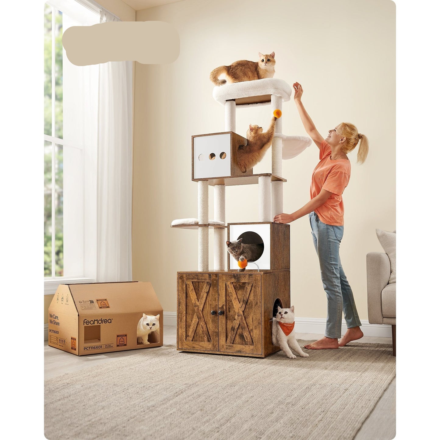 Kattenmeubel – Krabpaal – Kattenboom – Kattenhuis – Krabmeubel – Vintage Bruin – 185 cm Hoog – Wasbare Kussens