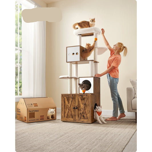 Kattenmeubel – Krabpaal – Kattenboom – Kattenhuis – Krabmeubel – Vintage Bruin – 185 cm Hoog – Wasbare Kussens