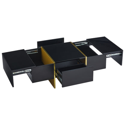 Salontafel – Koffietafel – Woonkamertafel – Bijzettafel – Uitschuifbare Tafel – Zwart – 4 Lades – Gouden Poot – Multifunctioneel – Laag Profiel