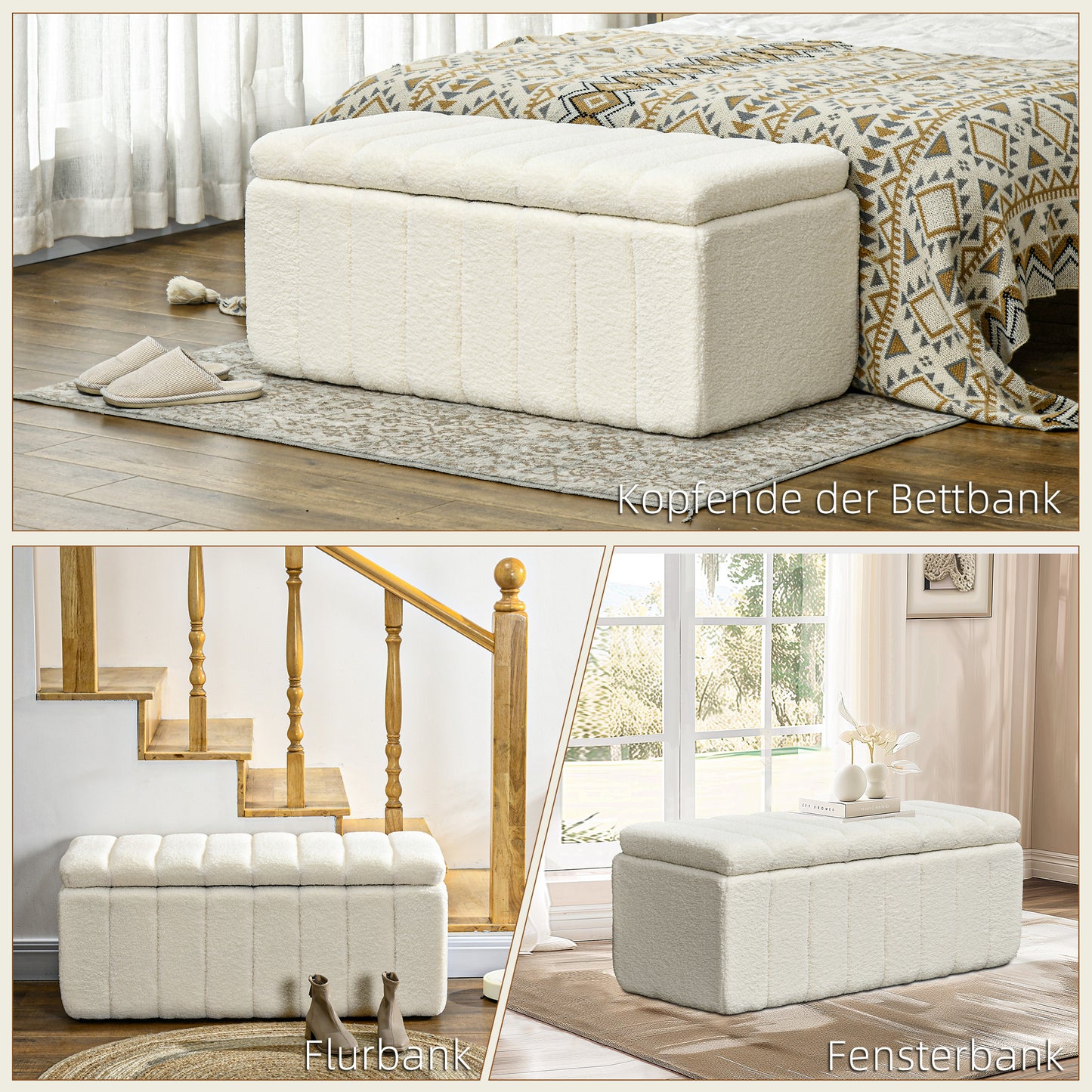 Opbergbankje – Zitbank – Bankje – Halbank – Opbergbox – Crème Wit Teddy Fleece – Houten Pootjes – 102x45x46 cm – Met Verstopte Opbergruimte