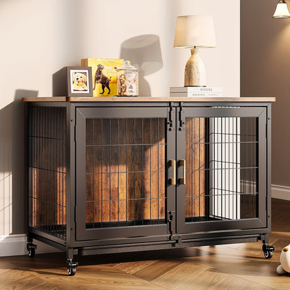 Hondenkennel Grote Maat – Hondenkooi Binnen – Hondenbench Hout – Hondenhok XL – Met Dubbele Deuren – Stevig Stalen Frame – Verplaatsbaar Met Remmen