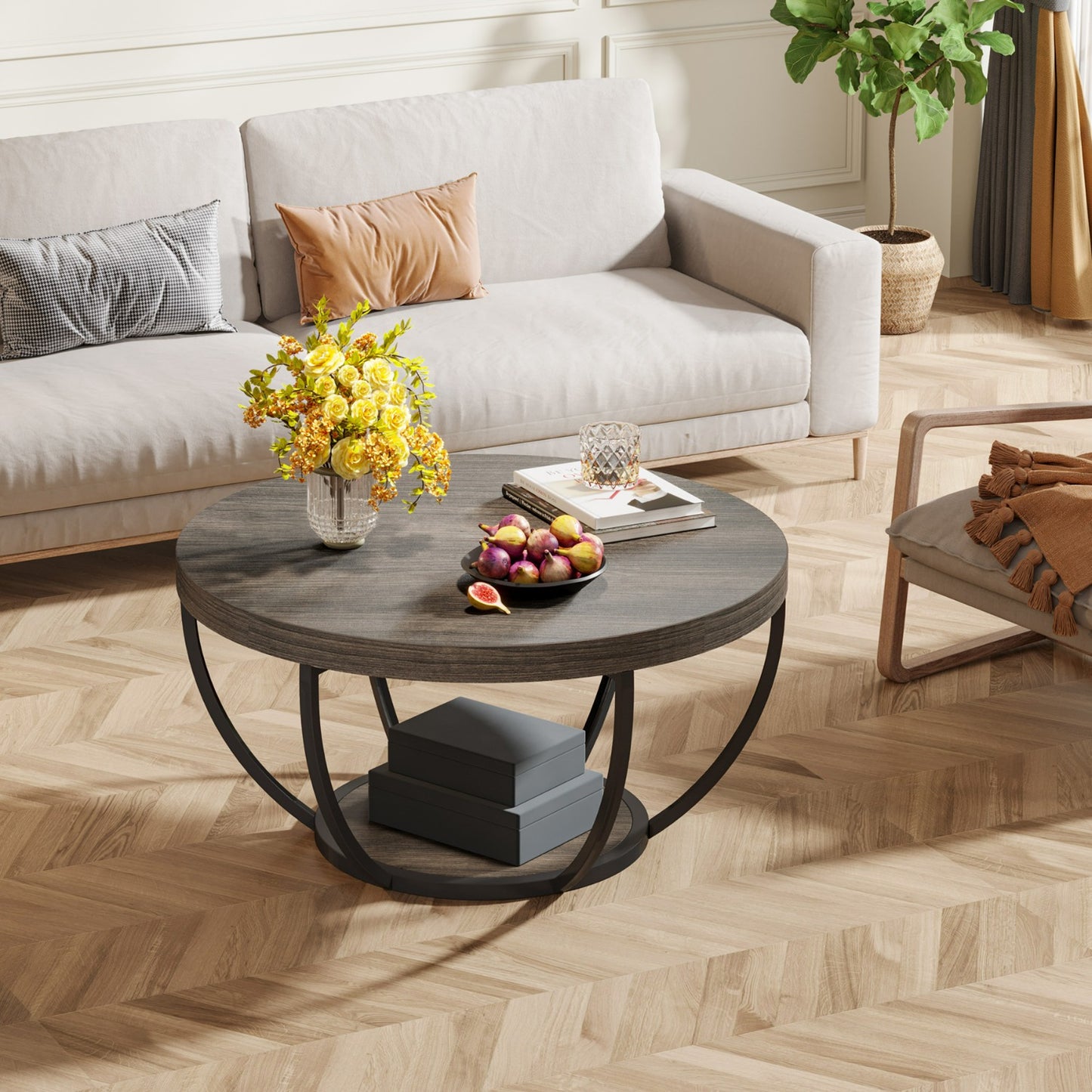 Salontafel – Woonkamertafel – Koffietafel – Bijzettafel – Tafel – 32 Inch Rond – Industrieel Design – Tweelaags Opbergruimte – Stevig Gelamineerd Hout – Grijs Zwart